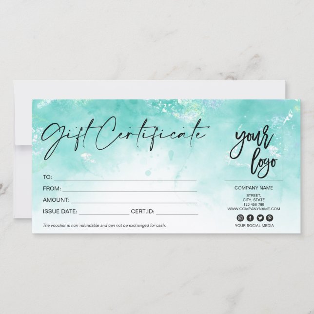 carte cadeau moderne certificat ajouter logo aqua  (Devant)