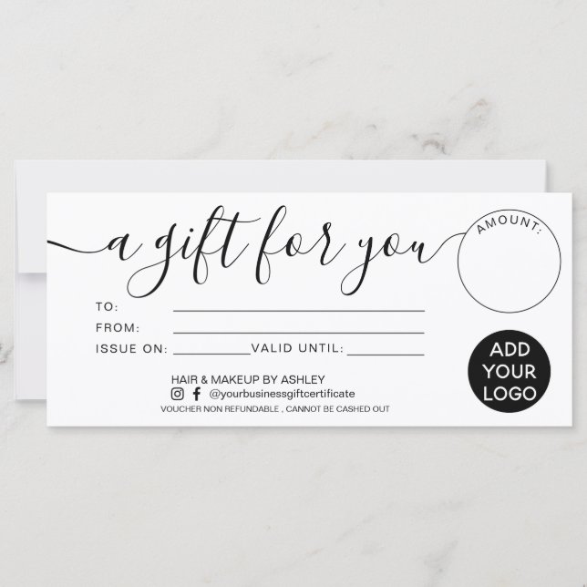 Carte Cadeau moderne noir blanc pour votre logo de certi (Devant)