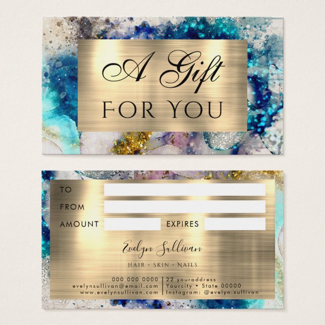 Carte cadeau parties scintillant or bleu argent (Devant & derrière)