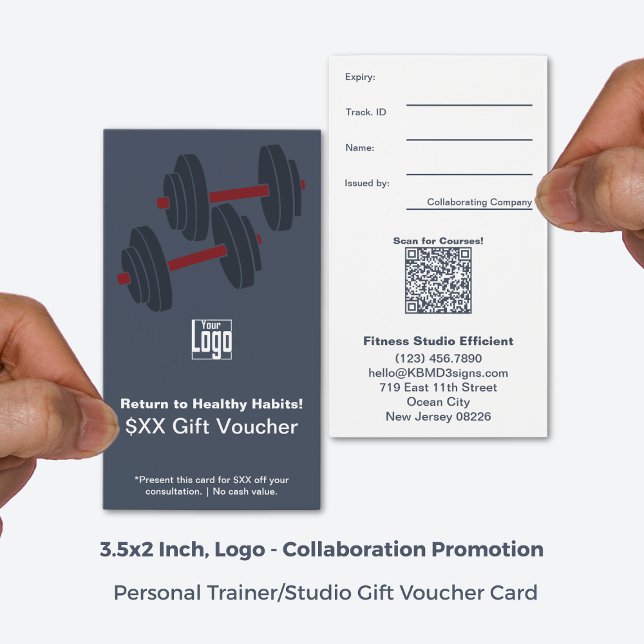 Carte cadeau Promo pour remise en forme en gris bl (3.5x2 Inch, Portrait Format, Minimal Grey White Fitness Promo Gift Voucher Card)