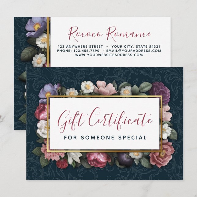 Carte cadeau Rococo Damask & Floral Navy (Devant / Derrière)