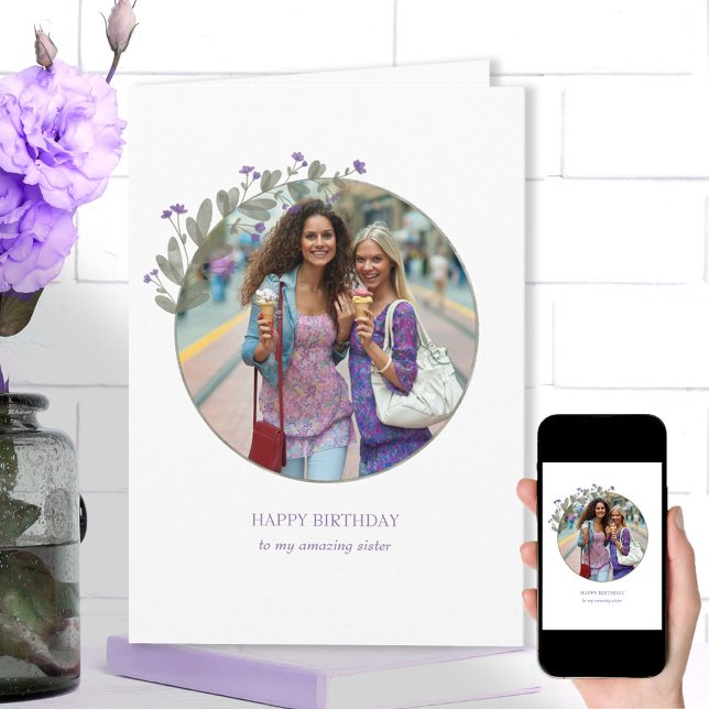 Carte Cadre photo à fleurs violettes Joyeux anniversaire (Créateur téléchargé)