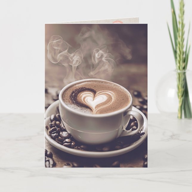 Carte Café d'anniversaire avec coeur et vapeur (Devant)