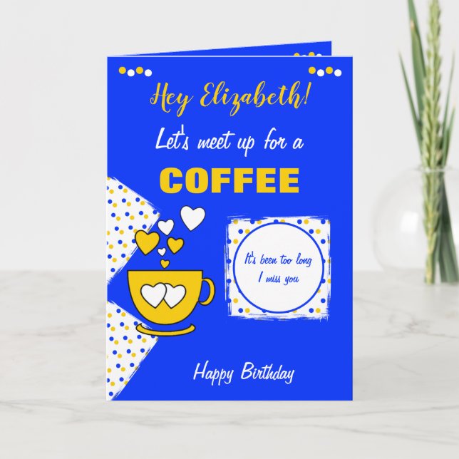 Carte Café et amis bleu et jaune Anniversaire (Devant)