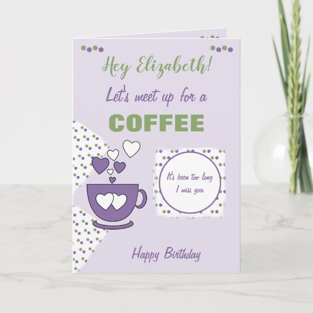 Carte Café et amis vert et pourpre Anniversaire (Devant)