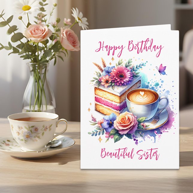 Carte Café et gâteau | Anniversaire de Soeur (Créateur téléchargé)