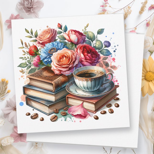 Carte Café, livres et fleurs | Réfléchissez à votre suje (Créateur téléchargé)