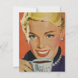 Carte Café Vintage, Femme Heureuse avec Tasse de Café Ré