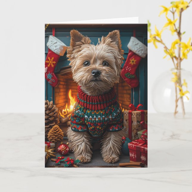 Carte Cairn Terrier Chien Avec Cheminée Cadeaux De Noël (Fleur jaune)