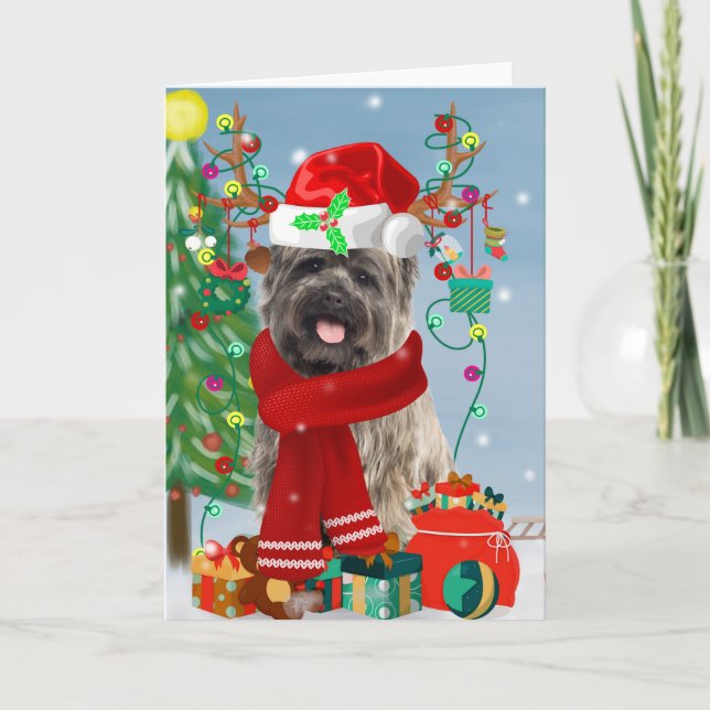 Carte Cairn Terrier Chien en neige avec cadeaux de Noël (Devant)
