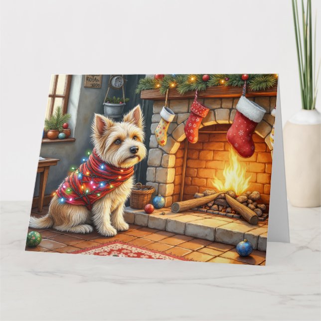 Carte Cairn Terrier Sitting Fireplace Christmas Lights (Devant)