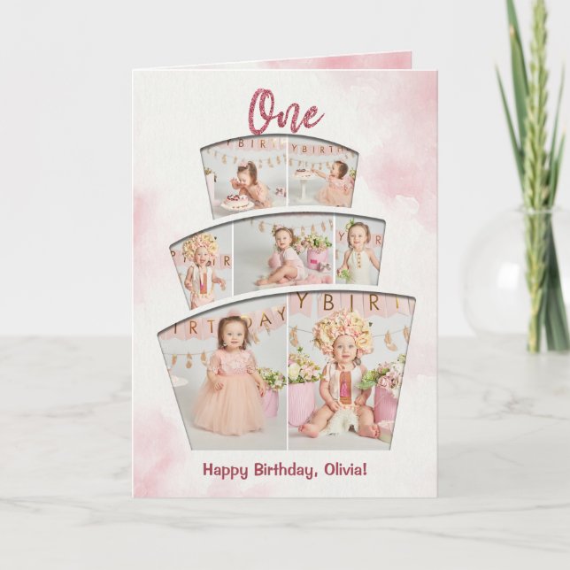 Carte Cake Smash Photo Collage Girl Premier anniversaire (Devant)