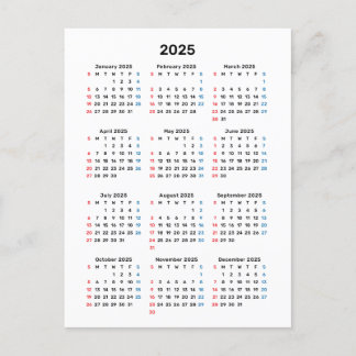 Carte Calendrier 2025 : Début du dimanche, noir et