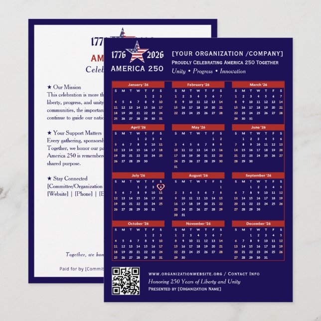 Carte Calendrier America 250 Patriotic Blue 2026 (Devant / Derrière)