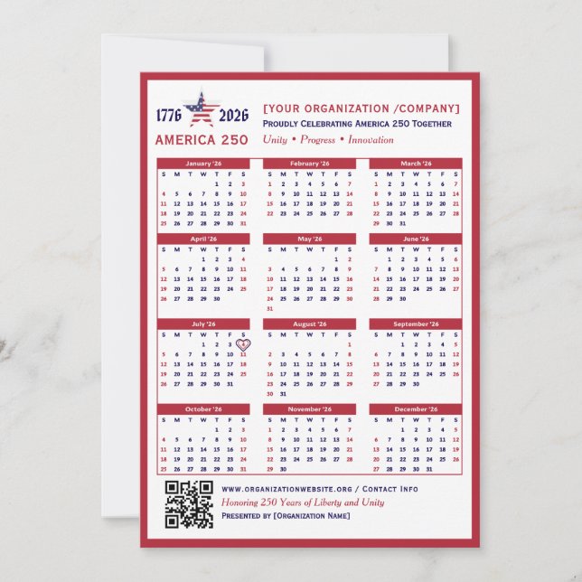 Carte Calendrier America 250 Patriotic Red 2026 (Devant)