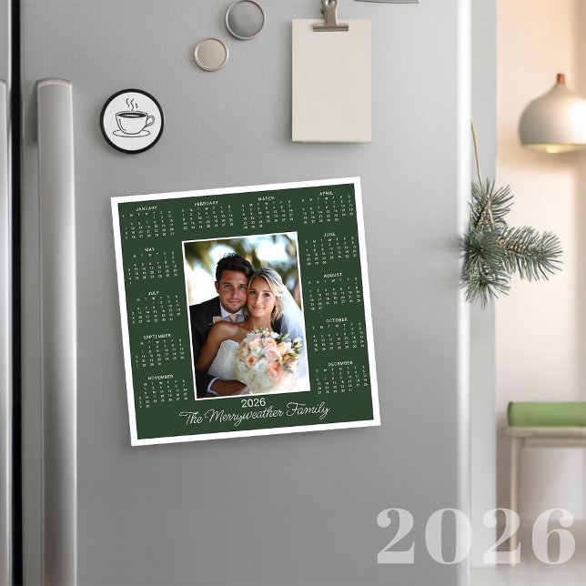 Carte Calendrier magnétique 2026 Vert (2026 Dark Green Magnetic Holiday Calendar Card)