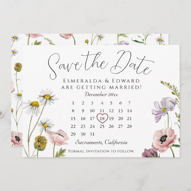 Carte Calendrier Mariage Fleur Sauvage Simple Enregistre (Devant / Derrière)