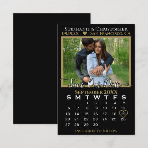 Carte Calendrier photo Black & Gold Mariage Enregistrer 