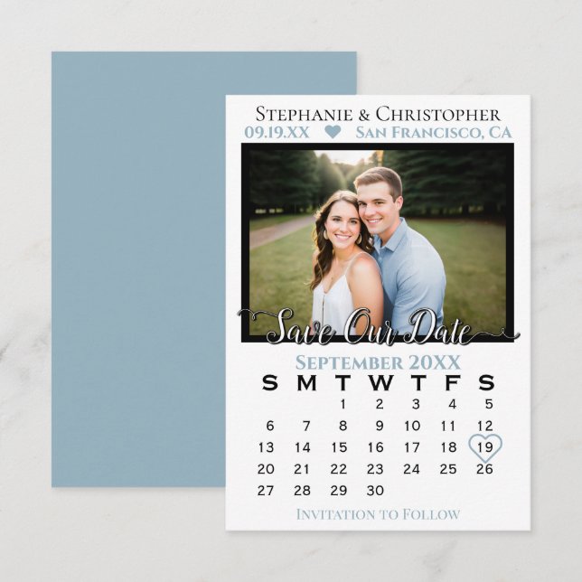 Carte Calendrier photo Dusty Blue Mariage Enregistrer no (Devant / Derrière)