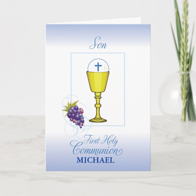 Carte Calice de première communion de fils avec raisins  (Devant)