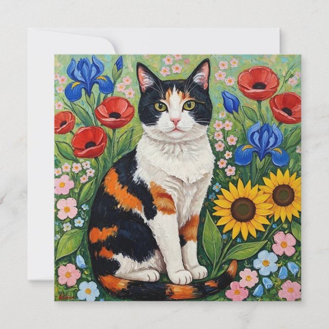 Carte Calico Chat et Fleurs de soleil d'art populaire (Devant)