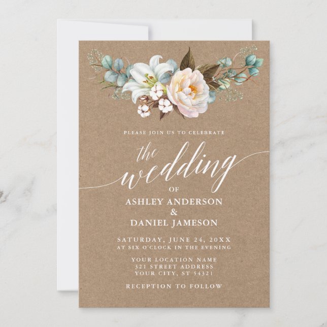 Carte Calligraphie Botanique Mariage Kraft Photo Invitat (Devant)