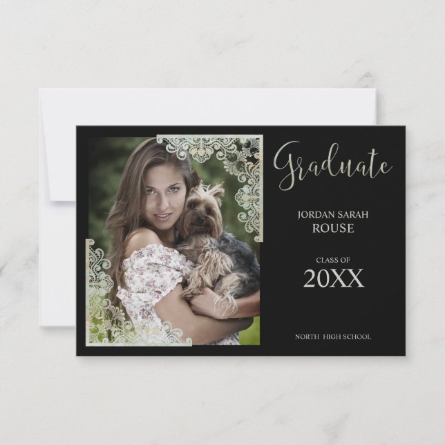 Carte Calligraphie Photo Dentelle de graduation sur noir (Devant)