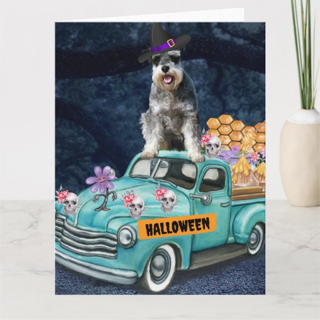 Carte Camion Halloween de chien Schnauzer Nuit effrayant (Devant)