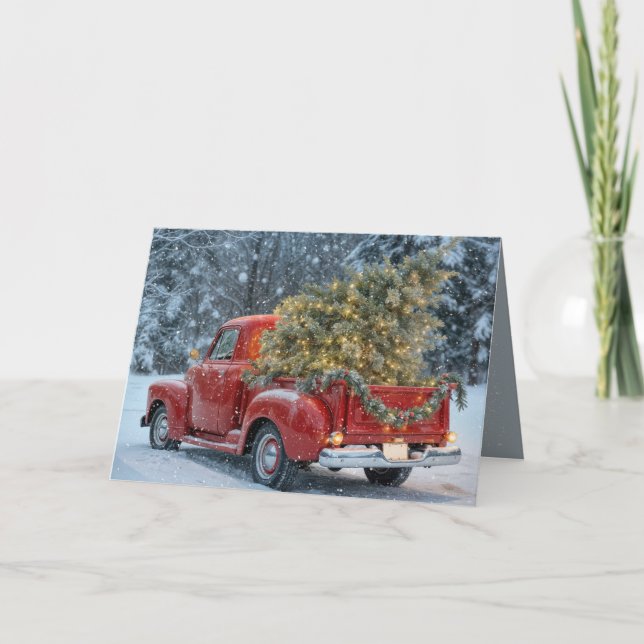 Carte Camion Red Retro Avec Arbre De Noël Dans Les Flamm (Devant)
