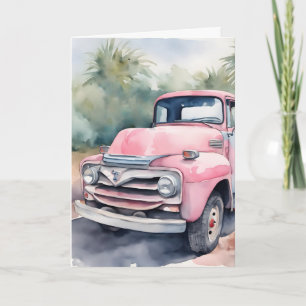 Carte Camion Rétro Rose Aquarelle Anniversaire