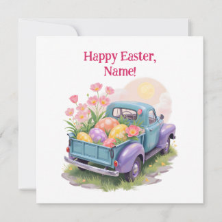 Carte Camion Rétro Sarcelle et Violet avec Œufs de Pâque