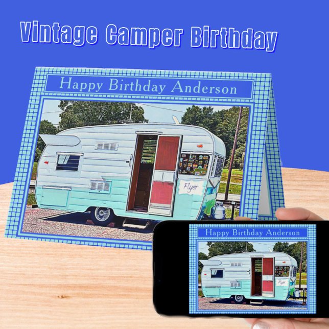 Carte Camper Vintage bleu et blanc Joyeux anniversaire (Créateur téléchargé)