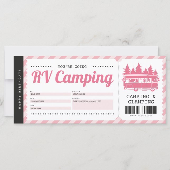 Carte Camping RV Pièce rose, Certificat de camp d'été (Devant)