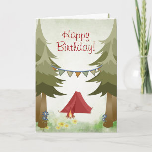 Carte Camping, tente, feu de camp, fleurs Bois Anniversa
