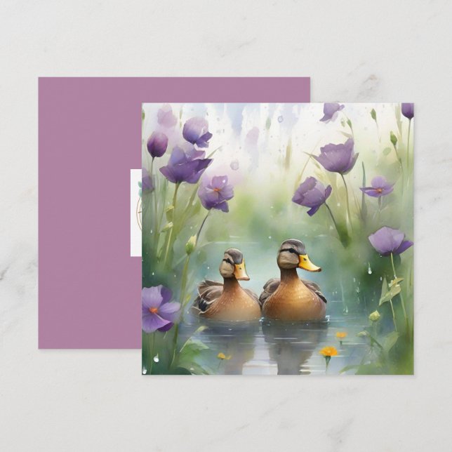 Carte Canard à l'aquarelle mignon et fleurs sauvages vie (Devant / Derrière)
