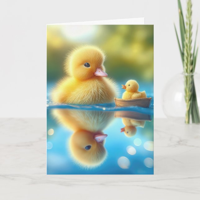 Carte Canard jaune d'anniversaire dans un bateau à roues (Devant)