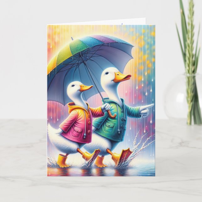 Carte Canards D'Anniversaire Marchant Dans La Pluie (Devant)
