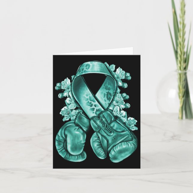 Carte Cancer de l'ovaire Ruban Turquoise avec gants de b (Devant)