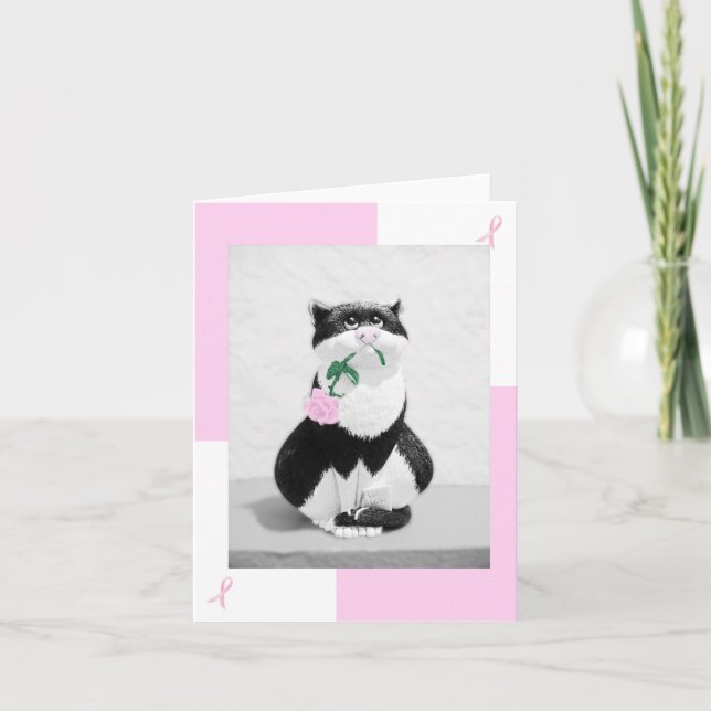 Carte Cancer du Sein Chat & Rose rose; Rubans rose (Devant)
