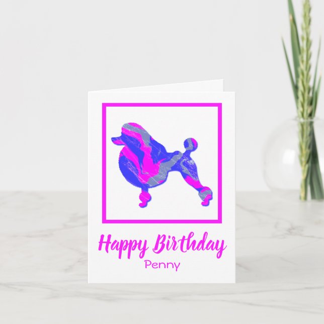 Carte Caniche Français rose et bleu Silhouette Chien drô (Devant)