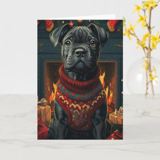Carte Canne Corso Chien Avec Cadeaux De Noël Cheminée (Fleur jaune)