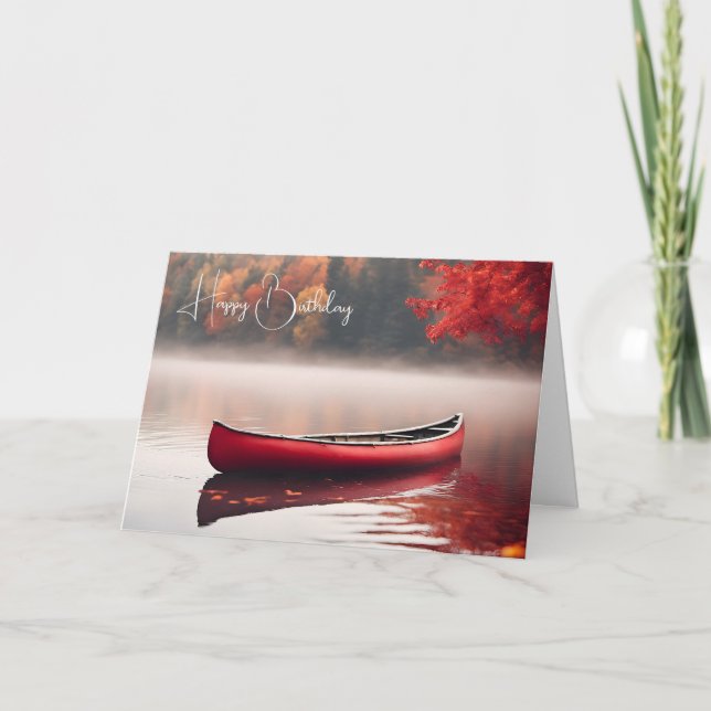 Carte Canot Rouge Anniversaire Sur Le Lac D'Automne (Devant)