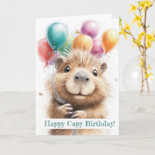 Carte Capybara Birthday Card • Cute Balloon Design (Fleur jaune)