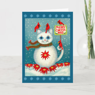 Carte Cardinal oiseau neige Noël Poinsettia bonhomme de