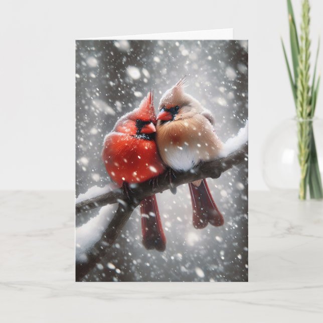 Carte Cardinaux d'anniversaire dans une tempête de neige (Devant)