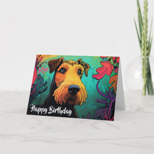 Carte Caricature Airedale Terrier dans un jardin personn