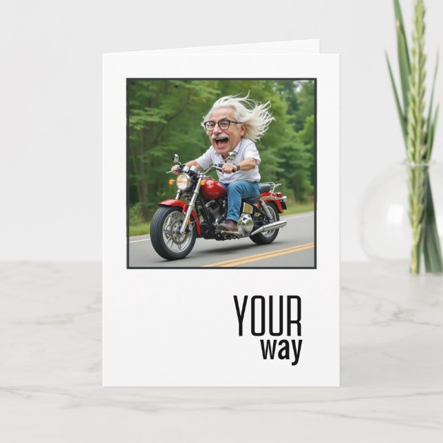 Carte Caricature d'anniversaire Vieux homme sur une moto (Devant)
