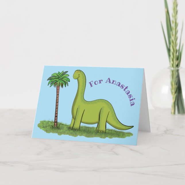 Carte Caricature de dinosaure de brontosaurus vert migno (Devant)
