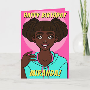 Carte Caricature de peau foncée mignonne Ado fille Anniv