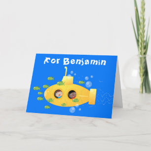 Carte Caricature de poisson sous-marin jaune mignon
